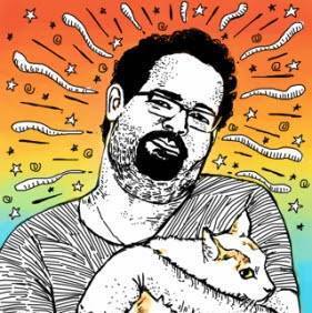 A line drawing of a curly-haired, goateed, bespectacled, poorly-shaven gentleman in a t-shirt, cuddling a perplexed-looking white and orange cat in his arms; squiggles and stars emanate from the gentleman's head. The background is a rainbow gradient.