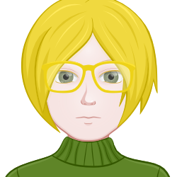 caricature of person with yellow hair & glasses, wearing green turtleneck.