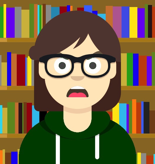 Cartoon avatar of a quite pale white bespectacled brunette geek girl whose open downturned mouth is adamantly advocating an important point or three. A bookcase is behind her.
